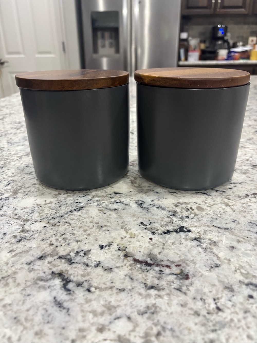 Crate & Barrel Matte Black Stoneware Canisters with Acacia Lids - Set of 2